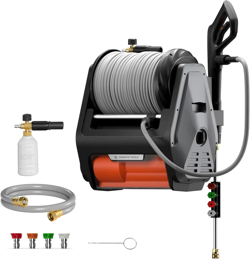 Pressure Washer Pro, Electric Wall Mount Power Washer with 100FT Retractable Pressure Hoses, 3300PSI, 1.6GPM, 4 Nozzles, Foam Cannon for Cars/Patios, Dark Silver A1