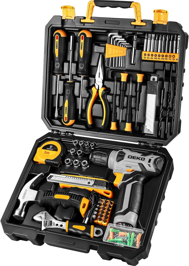 DEKOPRO Tool Set：Tool Kit with 8V Cordless Drill,Tool Box with Drill,Hand Drill Set for Men & Women,Home Tool Kits for House Repair,Handyman,DIY 126 Piece I8