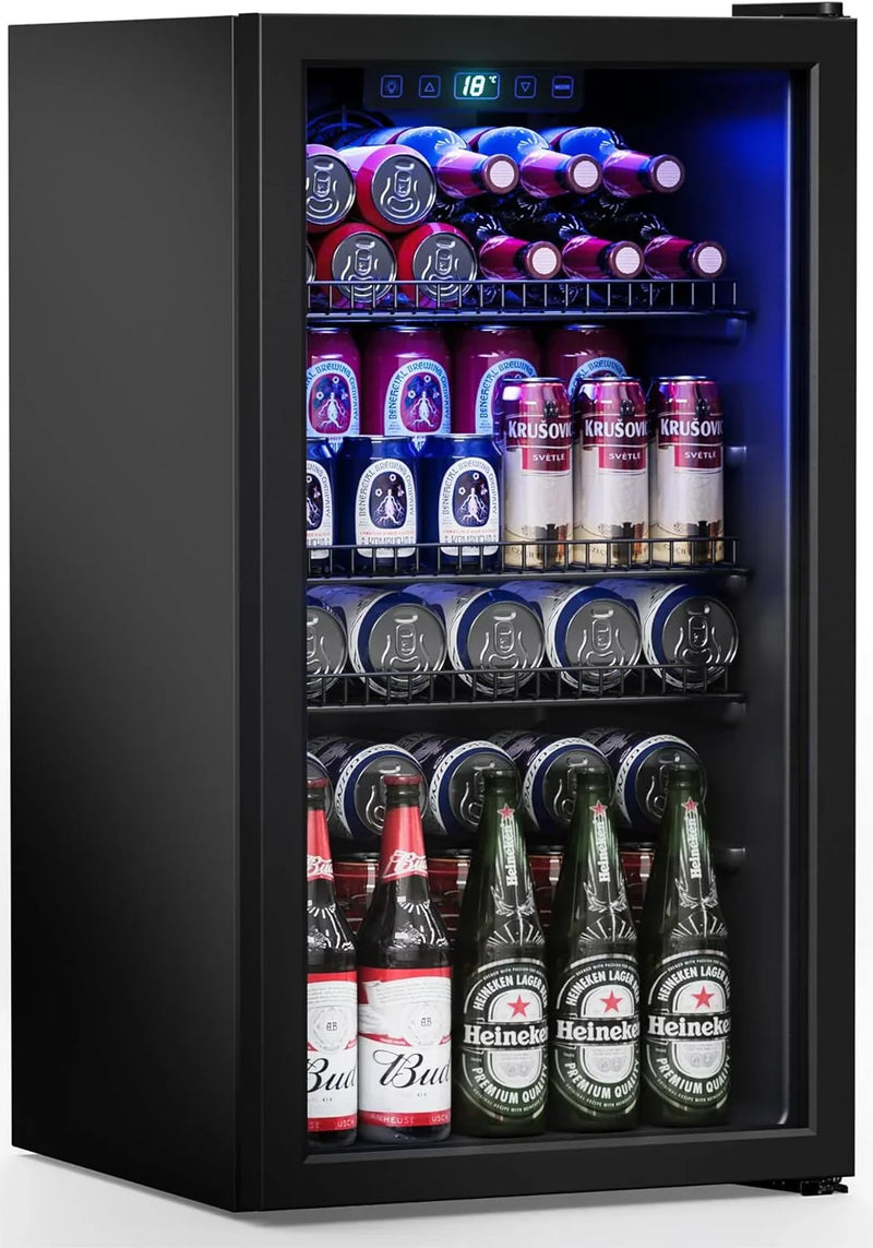 Refrigerator Cooler-120 Cans Freestanding Mini Fridge Cooler with Glass Door, Adjustable Shelves & Digital Temperature Display for Soda, Wine or Beer (Black, 3.2 Cu.Ft) C0