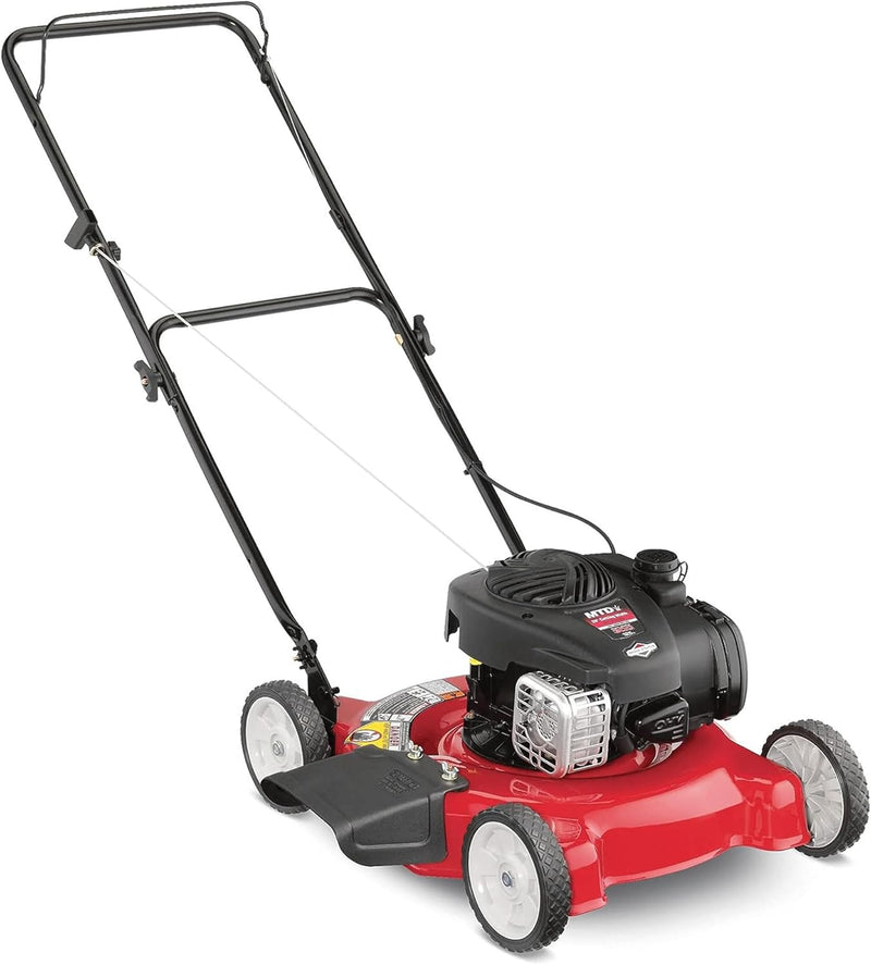 20-inch steel cutting deck, side-discharge gasoline-powered push lawn mower, with engine oil, available in red and black, suitable for outdoor yards. A8