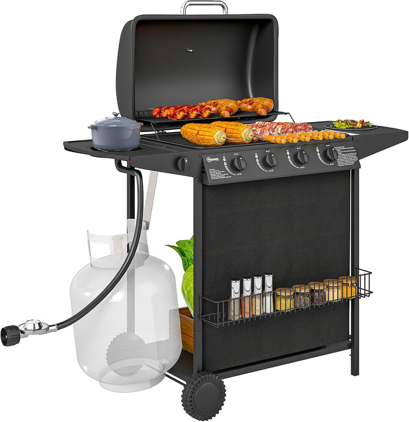4 1 Burner Propane Gas BBQ Grill, Portable Gas Barbecue Grill with Side Burner, Thermometer, Lid, Side Table, Shelf, Spice Rack, Wheels, Grease Cup for Garden, Black B6