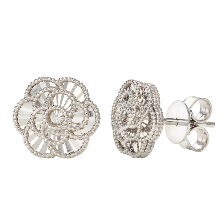 Diamond Cut Textured Flower Stud Earrings in White Gold D2