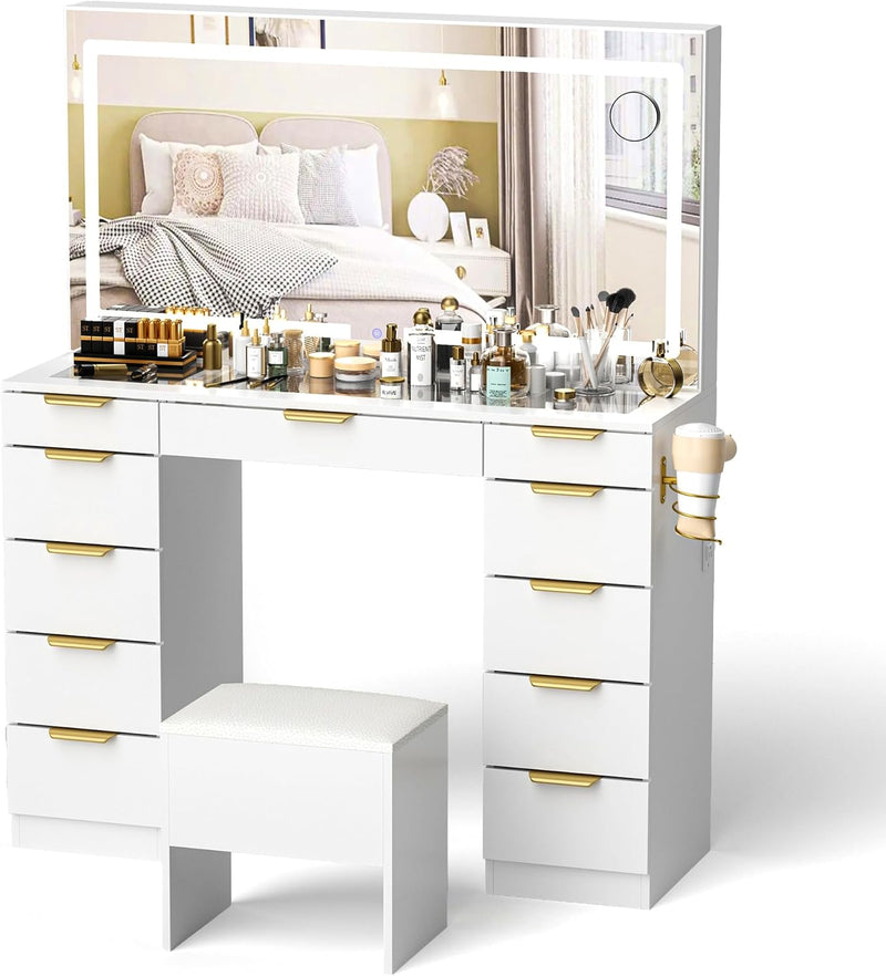 Glass Top Vanity Desk with Mirror and Lights, 11 Drawers Makeup Vanity with Golden Handles, 3 Lighting Modes Upgraded Silent Slides Vanity Desk with Bench, Portable Mirror and Power Putlet R4