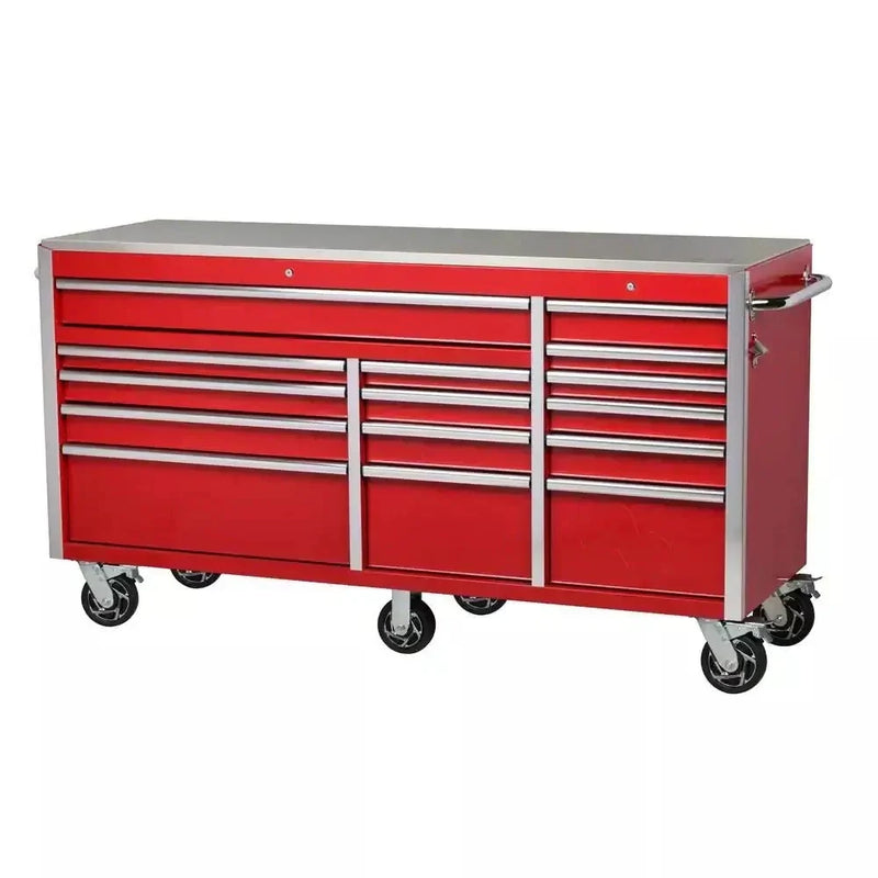 Heavy-Duty 72 in. W x 24 in. D 15-Drawer Tool Chest Mobile Workbench with Stainless Steel Top and Dual Locks in Red F4