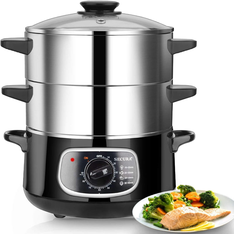 2 stainless steel food steamers, 8.5 liters capacity, electric glass-covered vegetable steamer, double-layer stackable steaming basket, with timer included L2
