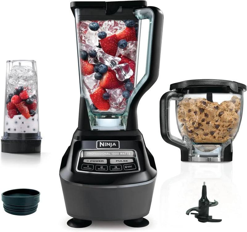 Blender, Mega Kitchen System, 1500W, 4 Functions for Smoothies, Processing, Dough, Drinks & More, with 72 Blender Pitcher, 64 Processor Bowl, 2 Nutri Cups Lids, Black, BL770 R9