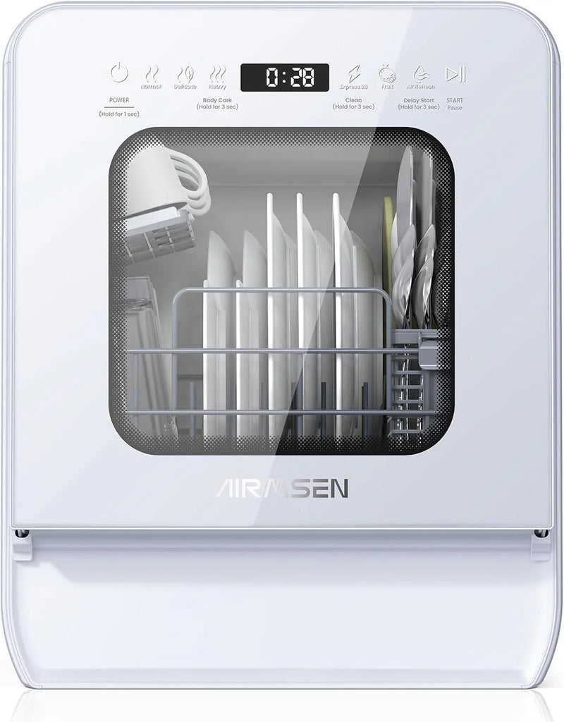 Desktop dishwasher set, double-layer shelf design, portable dishwasher, built-in 5-liter water tank, 3 spray arms, 12-hour delay start, no need to connect power supply, white model W9