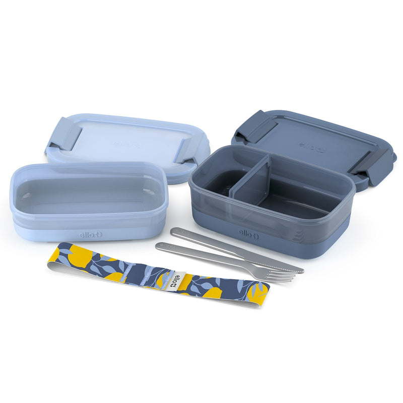 ello Stackable Bento Lunch Food Storage Container with Stainless Steel Flatware, Blue, 2-pk T0
