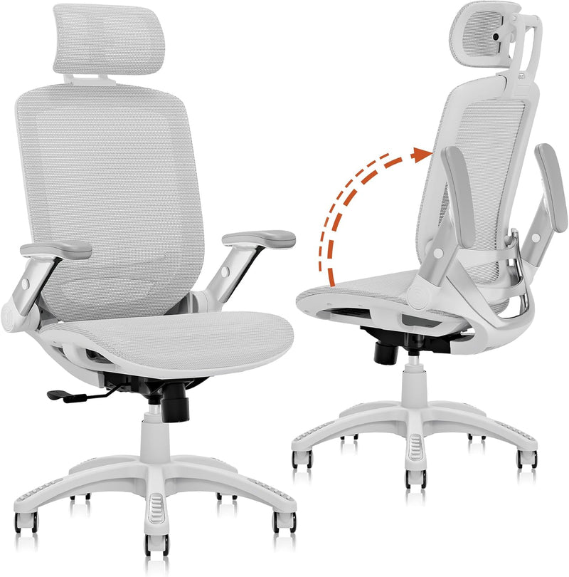 Ergonomic Office Chair, High Back Home Desk Chair with Headrest, Flip-Up Arms, 90-120° Tilt Lock and Wide Cushion, Big and Tall Mesh Chairs for Man Woman, Black Task Chair S8