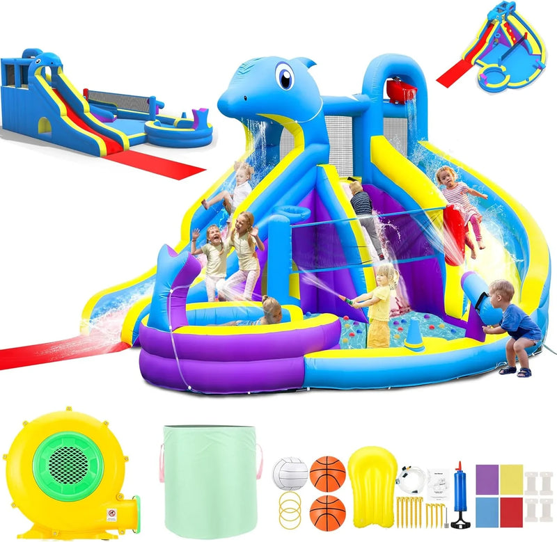 11-in-1 Inflatable Water Slide & Dolphin Bounce House w/2 Long Slides, 19.7 Ft x 13.1 Ft Extra Large Waterslide Climbing Wall w/Small Deeper Pool,Water Cannons,Hoop for Kids Backyard,550W Blower Y5