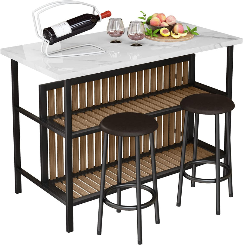 Kitchen Island with Seating & Storage Shelf, Faux Marble Island Table for Kitchen, Modern Bar Table and Chairs Set for 2,Dining Table Set for Small Space,White V2