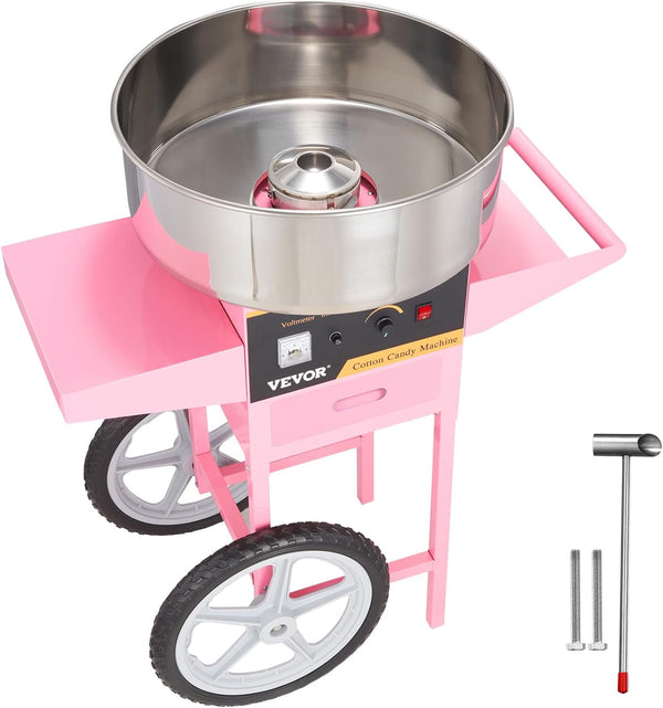 Electric Cotton Candy Machine with Cart, 1000W Commercial Floss Maker with Stainless Steel Bowl, Sugar Scoop and Drawer, Perfect for Home, Kids Birthday, Family Party, Pink E0