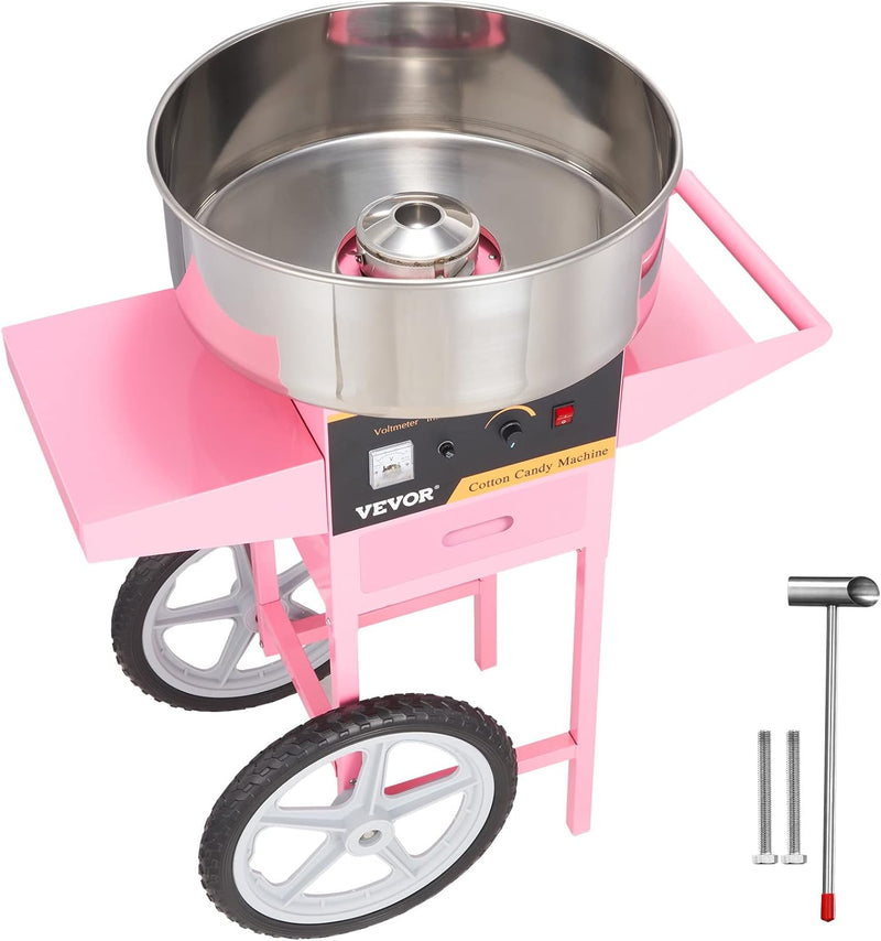 Electric Cotton Candy Machine with Cart, 1000W Commercial Floss Maker with Stainless Steel Bowl, Sugar Scoop and Drawer, Perfect for Home, Kids Birthday, Family Party, Pink E0