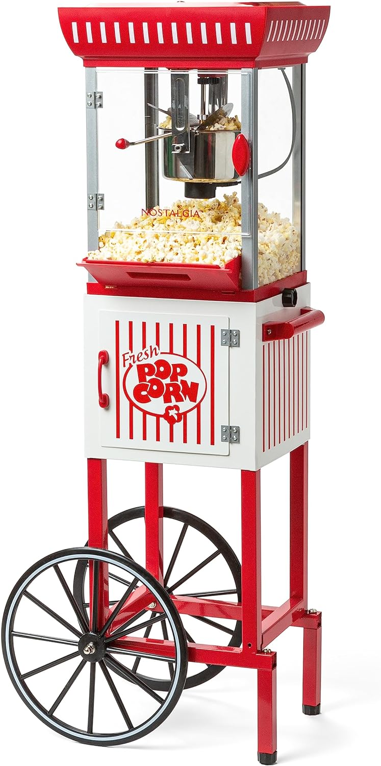 Popcorn Maker Machine - Professional Cart With 2.5 Oz Kettle Makes Up to 10 Cups - Vintage Popcorn Machine Movie Theater Style - Red & White P4
