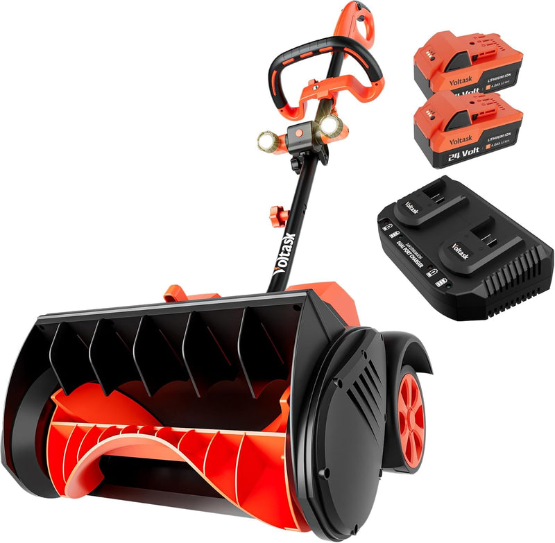 Cordless Snow Shovel with Wheels, 48V | 16-Inch | 4-Ah Brushless Cordless Snow Blower, Battery Snow Blower with Directional Plate & LED Lights (2 * 24V Battery & Dual Quick Charger Included) P0