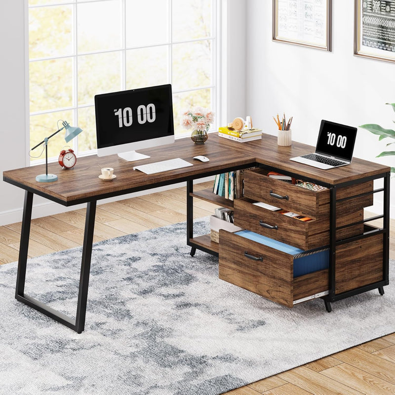 L-Shaped Computer Desk with 3 Drawers, Reversible Corner Home Office Desk with Shelves, 53-Inch Industrial PC Desk Study Writing Table Workstation for Small Space, Rustic Brown M6