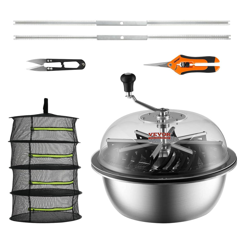 Leaf trimmer, 16-inch trimming bowl, manual flower branch trimmer, equipped with stainless steel blades for rotary trimming, transparent observation cover, foldable herb drying rack and handheld trimmer are all included. X9
