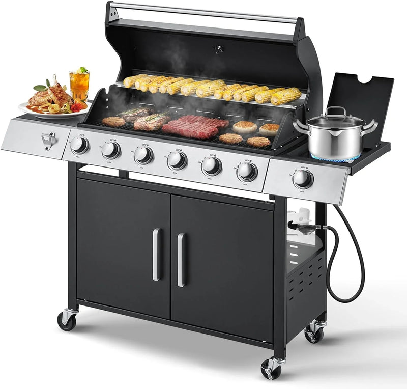 Upgraded 4 Burner BBQ Propane Gas Grill with Cast Iron Grates & Side Stove, 44,000 BTU Stainless Steel Burner Barbecue Grill for Patio, Camping, Outdoor Cooking MELLCOM U0