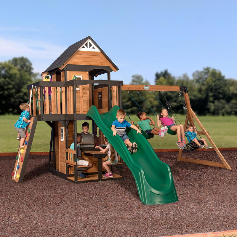 Backyard Discovery Canyon Creek Cedar Wood Swing Set with Wave Slide, Clubhouse, Play Kitchen, Picnic Area, Belt Swings, Web Swing, Rock Wall, Balconies, Playhouse, Step Ladder, Outdoor Playset I6