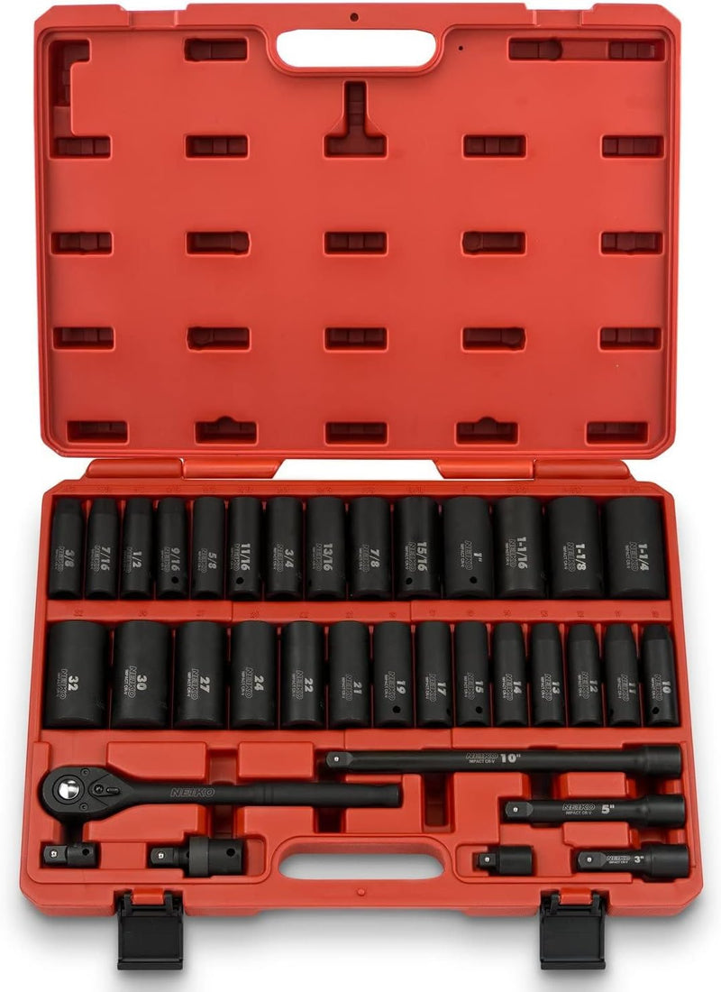 02448A 1/2" Drive Master Impact Socket Set, 65 Piece, Standard SAE (3/8"-1-1/4") & Metric (10-24 mm) Sizes, Deep & Shallow Kit, Includes Adapters & Ratchet Handle K6