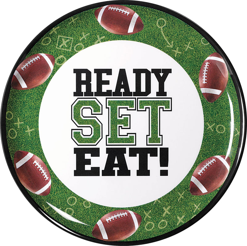 Football "Ready Set Eat" Round Plastic Melamine Reusable Serving Platter, Green, 13.5-in, for Sports Party R7