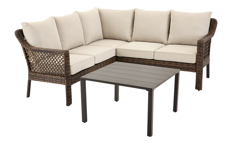FOR LIVING Bracebridge All-Weather Wicker Outdoor Patio Sectional with Woodgrain Steel Table Top, Brown, 3-pc M0