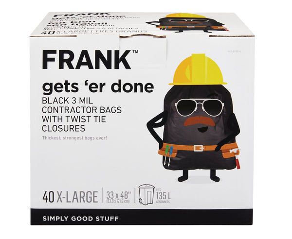 FRANK Extra-Large Twist-Tie Contractor Garbage Bags, 40-pk, Black, 135-L N5