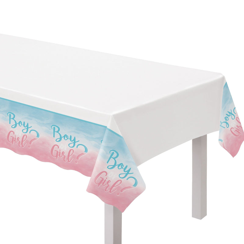 "Girl or Boy?" Rectangle Plastic Reusable Table Cover, Pink/Blue, 54x102-in, for Gender Reveal T6