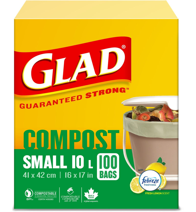 Glad Small 100% Compostable Febreze Lemon Scented Food Waste Bags, 100-pk, 10-L I4