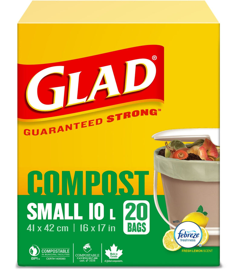 Glad Small 100% Compostable Febreze Lemon Scented Food Waste Bags, 20-pk, 10-L M3