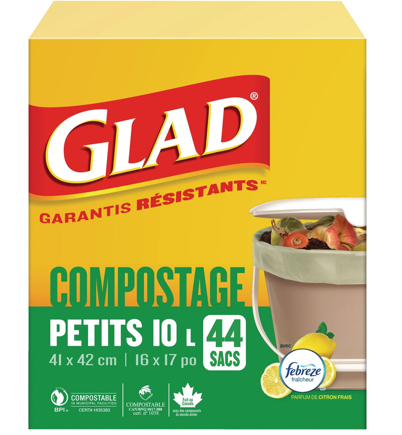 Glad Small 100% Compostable Febreze Lemon Scented Food Waste Bags, 44-pk, 10-L K6