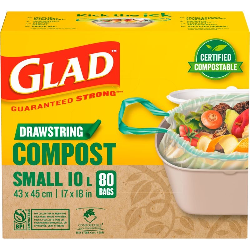 Glad Small Certified Compostable Drawstring Food Waste Bags, 80-pk, Opaque, 10-L J3