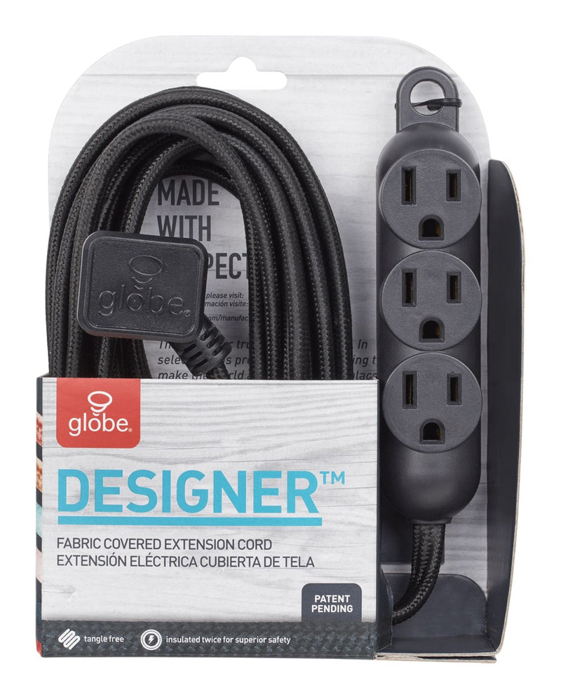 Globe 12-ft 16/3 Fabric Extension Cord, Right Angle Plug, 3 Outlets, Black O4