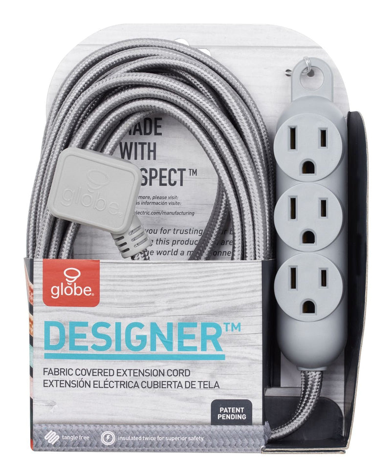 Globe 12-ft 16/3 Fabric Extension Cord, Right Angle Plug, 3 Outlets, Grey D2