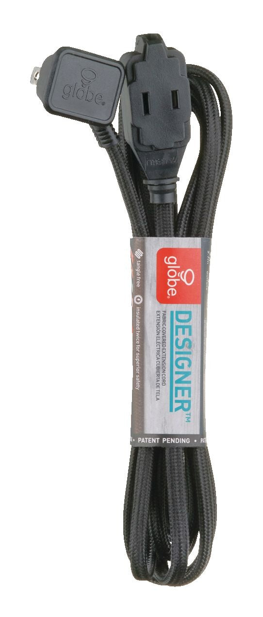 Globe 9-ft 16/2 Fabric Extension Cord, Right Angle Plug, 3 Outlets, Black T3