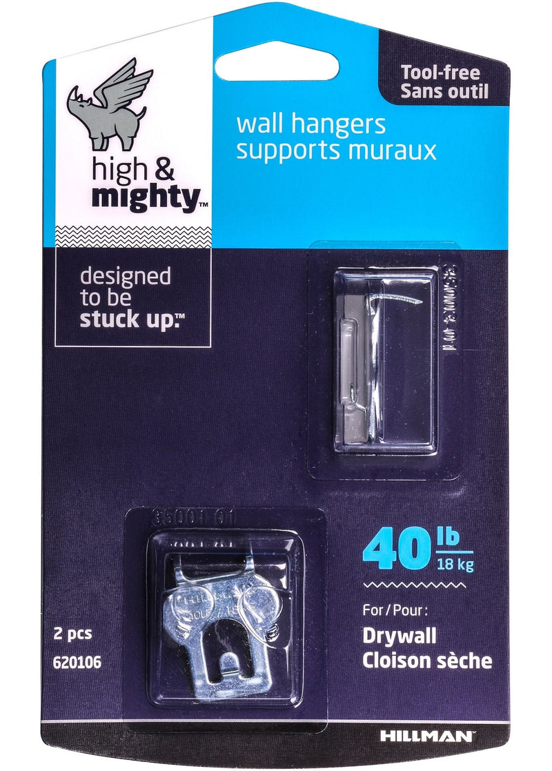 High & Mighty Canvas WAll Hanger, Easy to Remove, 40-lb Capacity, Silver, 2-pk O4