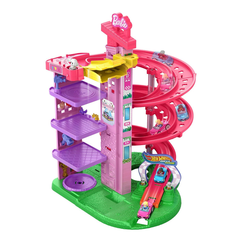 Hot Wheels Barbie Racerverse Toy Vehicle Track Set with 2 1:64 Die-Cast Vehicles and Figures U4