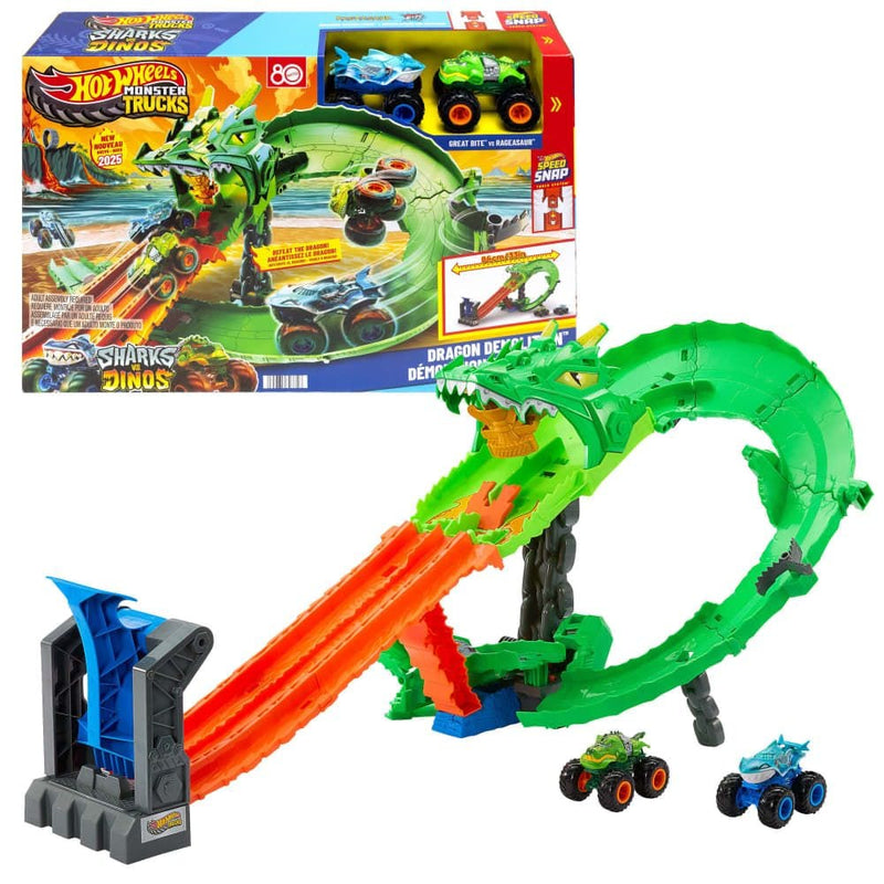 Hot Wheels Sharks vs. Dinos Dragon Destruction Playset with 2 1:64 Hot Wheels Monster Trucks K8
