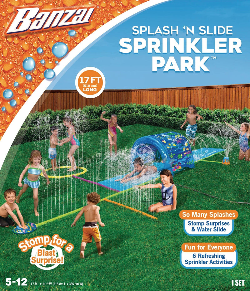 Inflatable Splash ‘N Slide Water Sprinkler Park, Blue, 17-ft, Ages 5+, for Beach/Pool Fun Activities L0