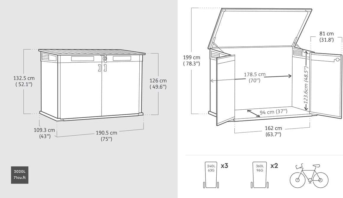 Keter Cortina Mega Horizontal 2-Door Resin Outdoor Storage Shed with Built-In Ventilation & Open Roof/Lid, Grey, 533-Gal