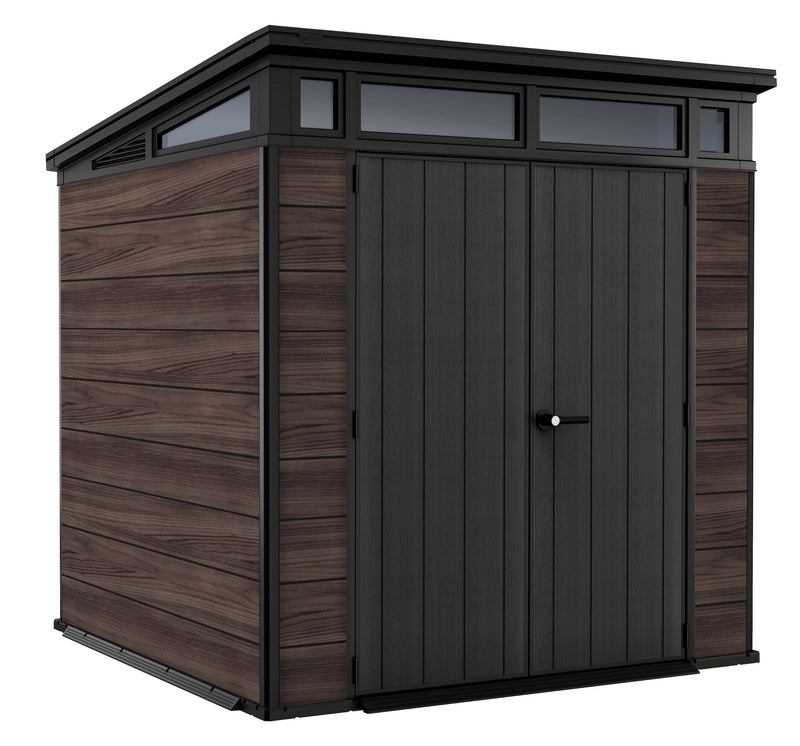 Keter Pent Durable DecoCoat Lockable 2-Door Resin Outdoor Storage Shed with Windows, Brown, 7-ft x 7-ft L7