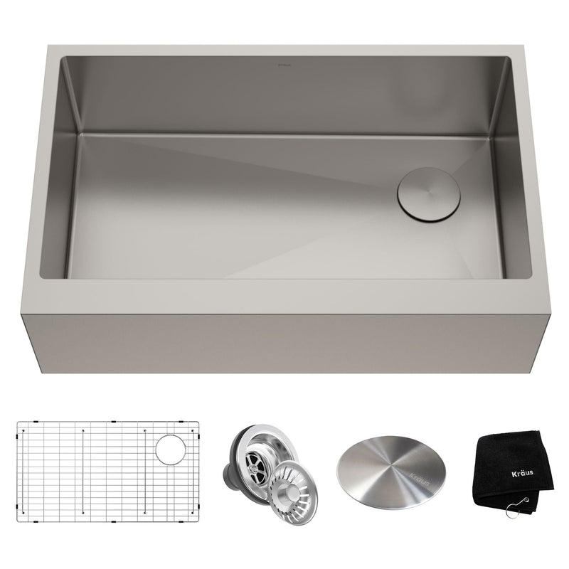 Kraus Kore Apron Front Farmhouse Stainless Steel Single Bowl Kitchen Sink with Add-Ons, 33x21x10-in D6