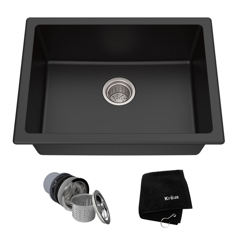Kraus Quarza Top/Undermount Granite Single Bowl Kitchen Sink, Black Onyx, 24x18x9-in L2