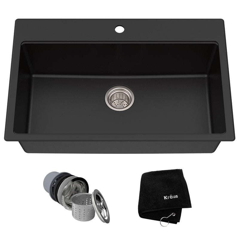 Kraus Quarza Top/Undermount Granite Single Bowl Kitchen Sink, Black Onyx, 31x20x9-in C5