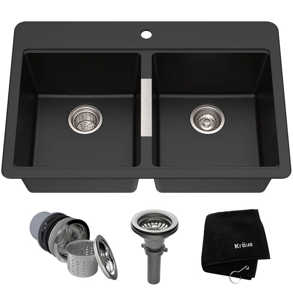 Kraus Quarza Undermount Granite Double Bowl Kitchen Sink, Black Onyx, 33x22x10-in Q2