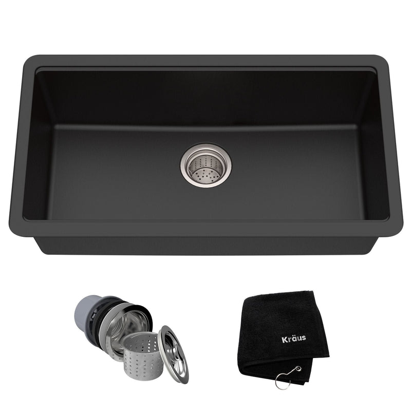 Kraus Quarza Undermount Granite Single Bowl Kitchen Sink, Black Onyx, 31x17x9-in B8