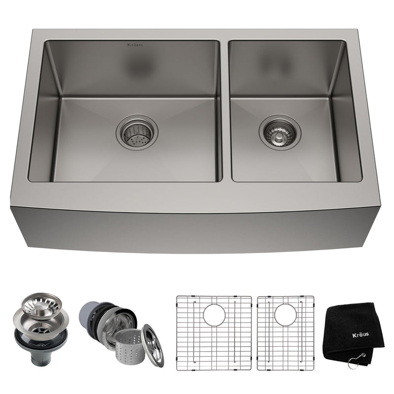 Kraus Standard PRO Apron Front Farmhouse Stainless Steel Double Bowl Kitchen Sink, 33x21x10-in P8