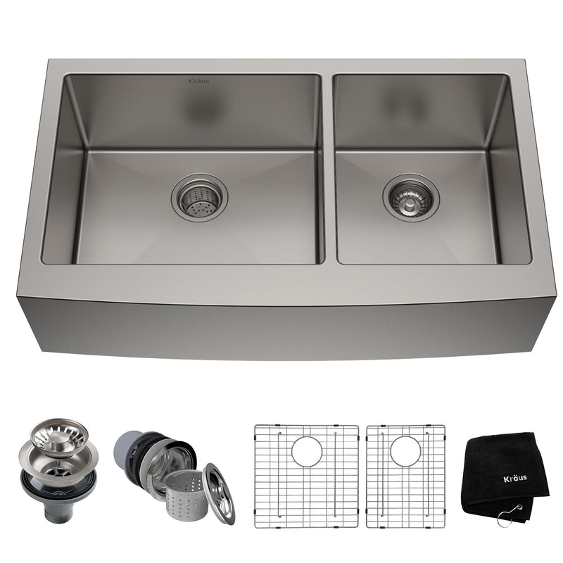 Kraus Standard PRO Apron Front Farmhouse Stainless Steel Double Bowl Kitchen Sink, 36x21x10-in I3