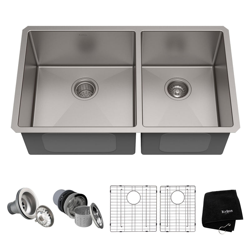 Kraus Standard PRO Undermount Stainless Steel Double Bowl 60/40 Kitchen Sink, 33x19x10-in B2