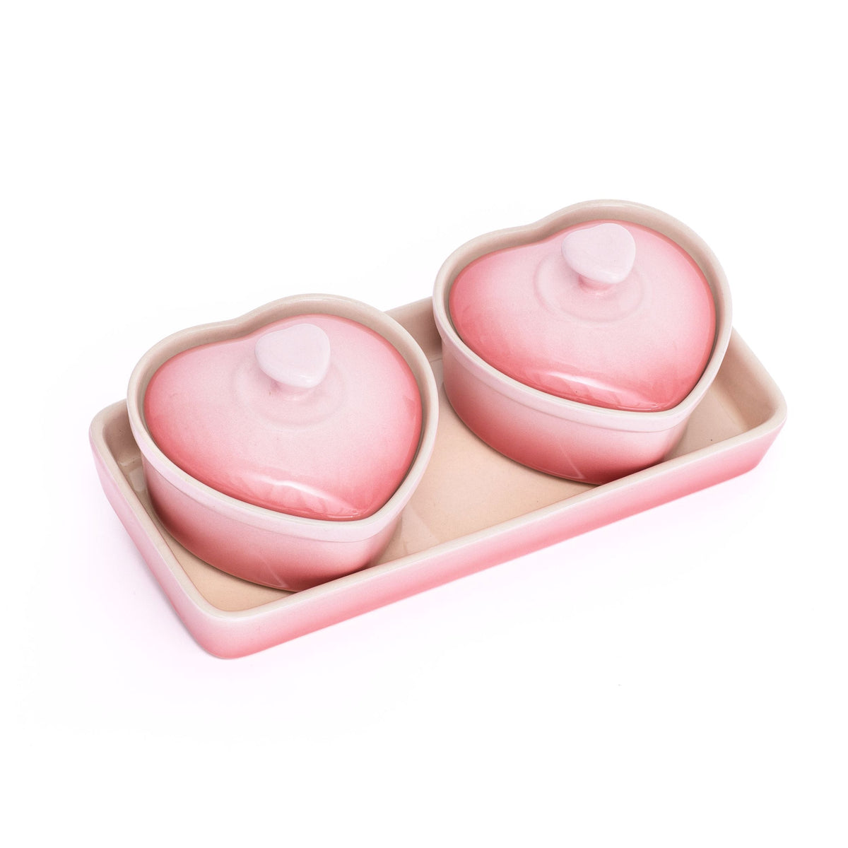 Lagostina Stoneware Heart Cocottes and Tray, Gradient Rose, 5-pc